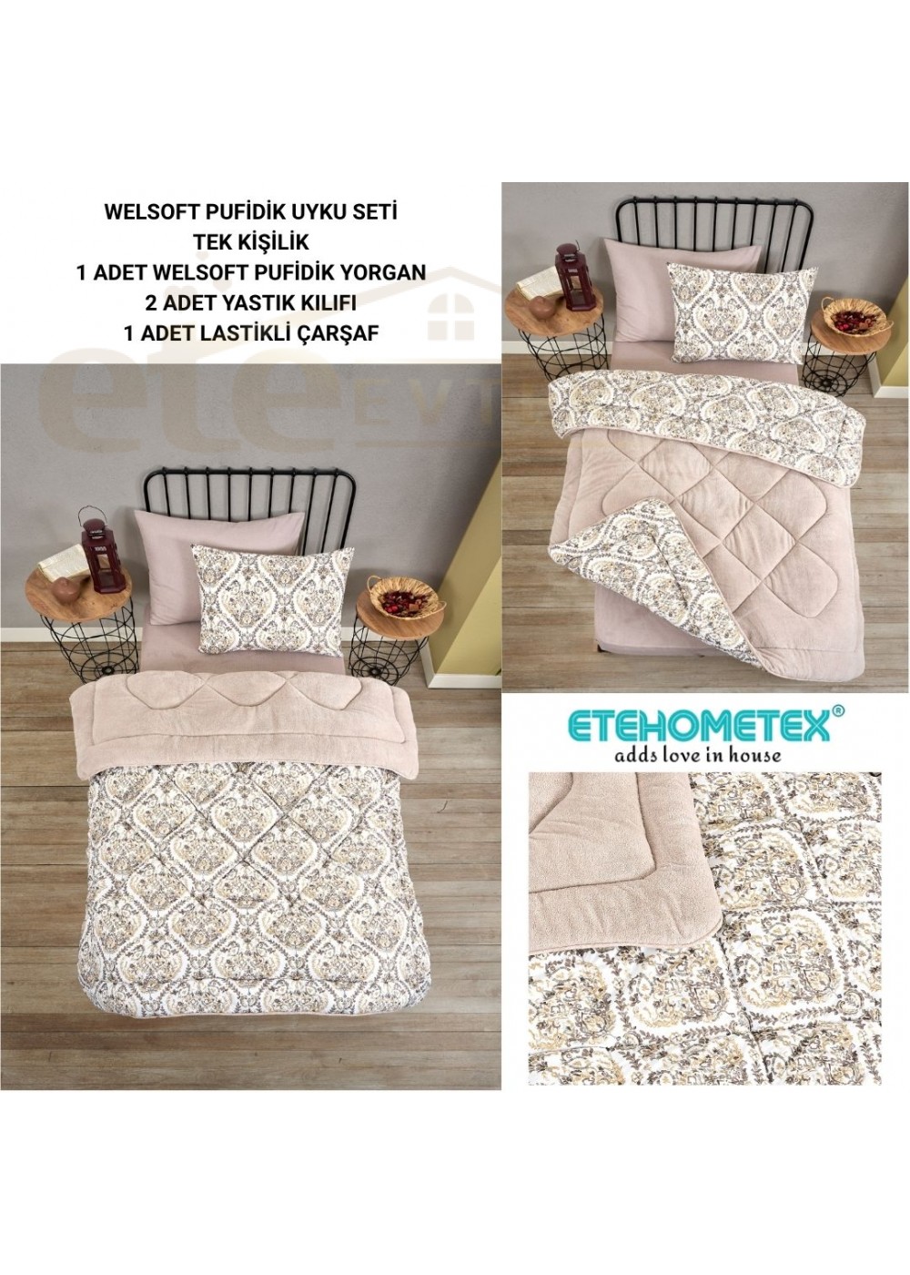 ETE HOMETEX TEK KİŞİLİK WELSOFT UYKU SETİ AKSU BEJ 8696474231994